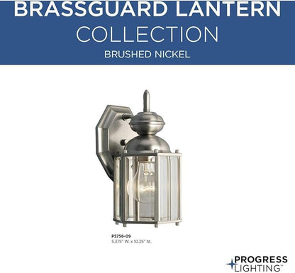 Progress Lighting 1-Light Clear Beveled Glass Traditional Outdoor Wall Lantern Light, BrassGUARD Lantern Collection, Outdoor, P5756-09, Brushed Nickel