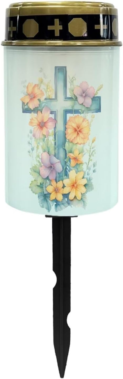 Flower Cross Outdoor Garden Solar Lights Waterproof Solar Powered Lights Multipurpose Memorial Cemetery Decorations Auto On/Off Landscape Lights Outside Gift for Loss of Loved One