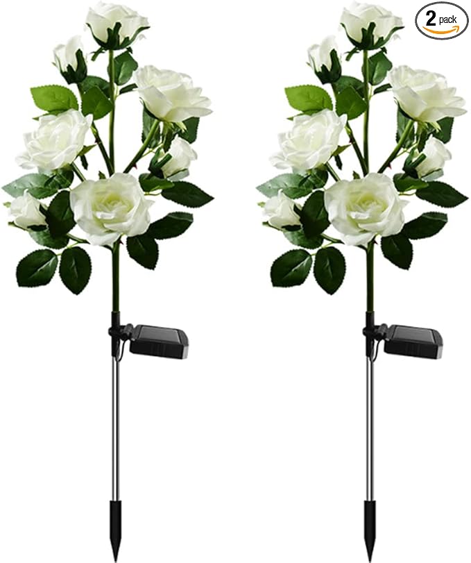 Aolyty Solar Garden Lights Outdoor, Solar Powered Stake Flower Light, IP65 Waterproof Solar Decorative Rose Flowers Lights for Patio Pathway Yard Lawn Decor (White, 7 Rose)