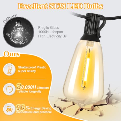 Brightever 200FT Outdoor String Lights 104 Bulbs, 2200K Amber Lights
