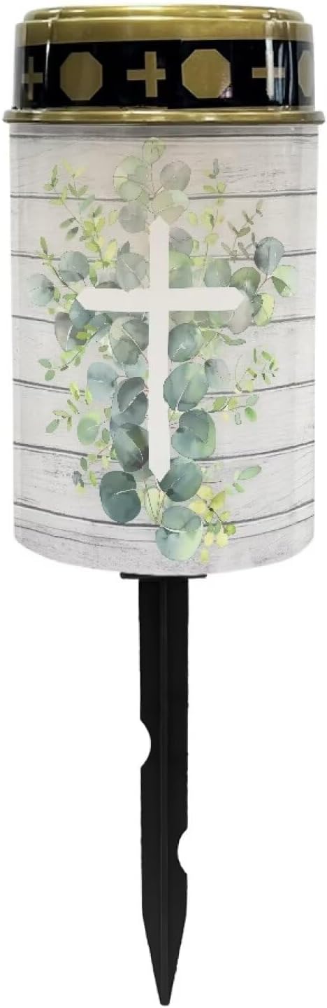 Poceacles Cross Solar Lights Outdoor Grave Solar Lights for Cemetery Decoration, Eucalyptus Leaf Cross Wood Grain