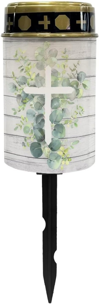 Poceacles Cross Solar Lights Outdoor Grave Solar Lights for Cemetery Decoration, Eucalyptus Leaf Cross Wood Grain