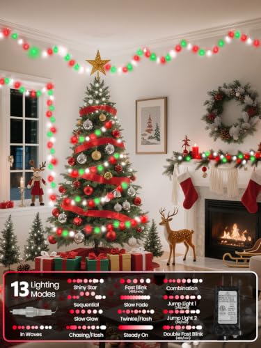 Connectable 100LED 43FT Red White and Green Christmas String Lights Indoor