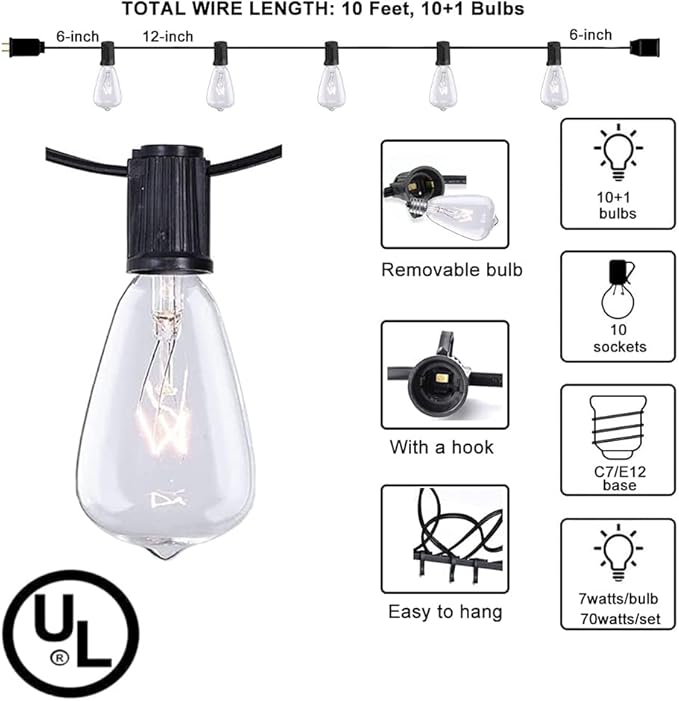 Couah Outdoor Patio String Lights,10Ft Edison Bulb String Lights for Patio Garden Porch Backyard Party Deck Yard(Plus 1 Extra Bulbs)-Black