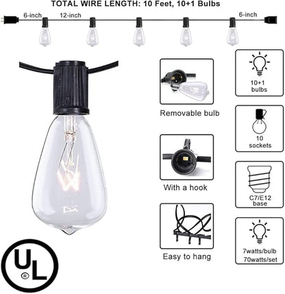 Couah Outdoor Patio String Lights,10Ft Edison Bulb String Lights for Patio Garden Porch Backyard Party Deck Yard(Plus 1 Extra Bulbs)-Black