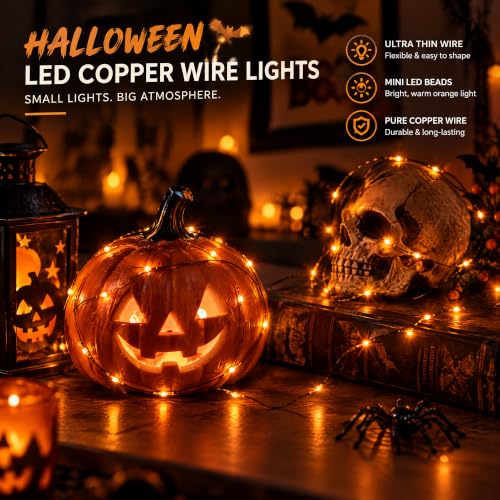 Dazzle Bright Halloween Fairy String Lights, Total 40FT 120LED Copper Wire Battery Operated Waterproof Lights, Halloween Decorations for Indoor Home Outdoor Garden Patio Yard Party Decor (Orange)