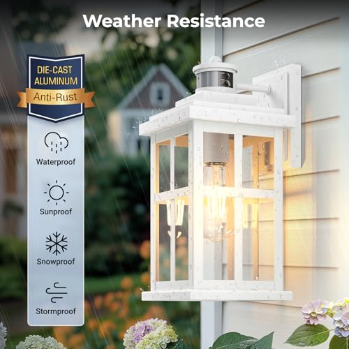 Large White Outdoor Wall Lights, Motion Sensor Porch Light Outdoor, Dusk to Dawn Outdoor Light Fixtures, Waterproof Outside Lights for House, Garden, Front Porch, Tempered Glass, Anti-Rust