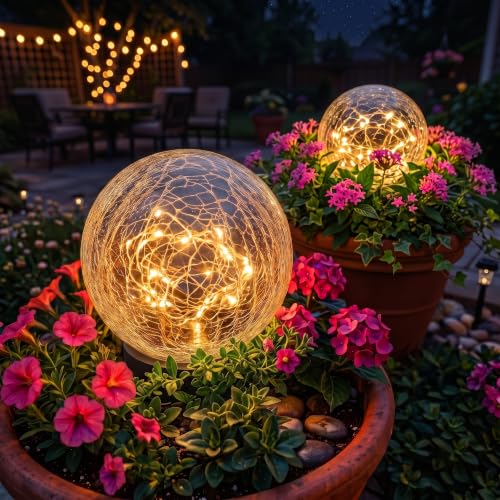 2 Pack 4.72" Warm White Solar Powered Cracked Glass Globe LED Light