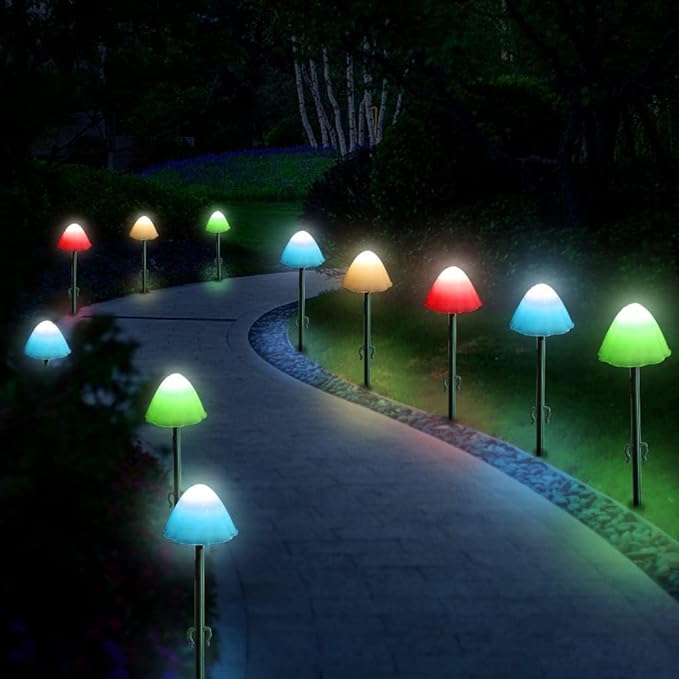 Outdoor Solar Garden Lights, Set of 12 Mini Solar Mushroom Light Outdoor Waterproof Cute Mushroom Shaped Pathway Landscape Lights for Yard Patio Garden Party Wedding Festival Decoration （Multicolor)
