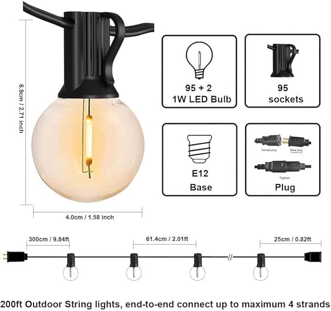 SUFEIMAS 200FT 95 Sockets G40 Globe String Lights and 100FT 30 Sockets S14 Outdoor String Lights