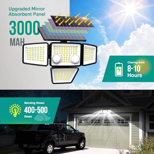 LYWALT Solar Outdoor Lights - 3000LM 188 LED Motion Sensor Outdoor Lights, 4 Heads Security Light,IP65 Waterproof, Easy Install,270°Wide Angle Flood Wall Light with 3 Modes for Backyard Yard