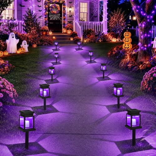 GIGALUMI 8 Pack Solar Halloween Lanterns Outdoor, Candle Lights with Stakes