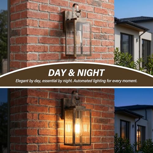 Black Brush Gold Porch Light, Dusk to Dawn Wall Mount Outdoor Light