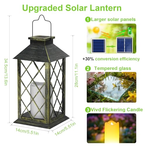 2 Pack 14'' Large Tempered Glass Solar Lanterns Outdoor Waterproof
