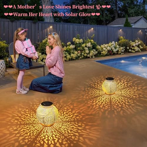 TAKE ME 2 Packs White Solar Lanterns Outdoor Waterproof Garden Laterns Metal Retro Lights for Mothers Gifts Mom Wife Grandma Birthday Gifts (White Set of 2)
