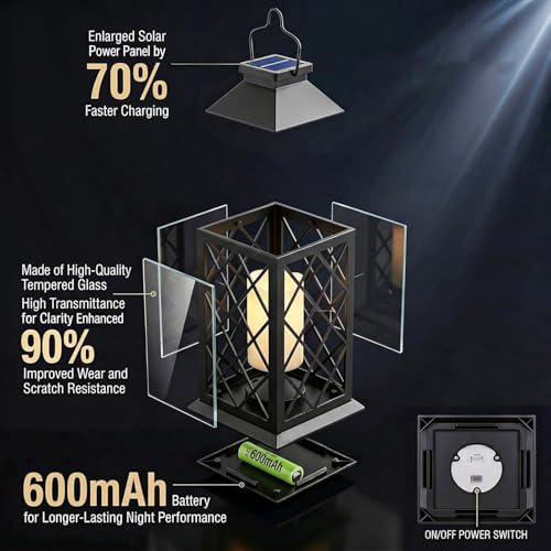 4 Pack 14'' Large Tempered Glass Solar Lanterns Outdoor Waterproof