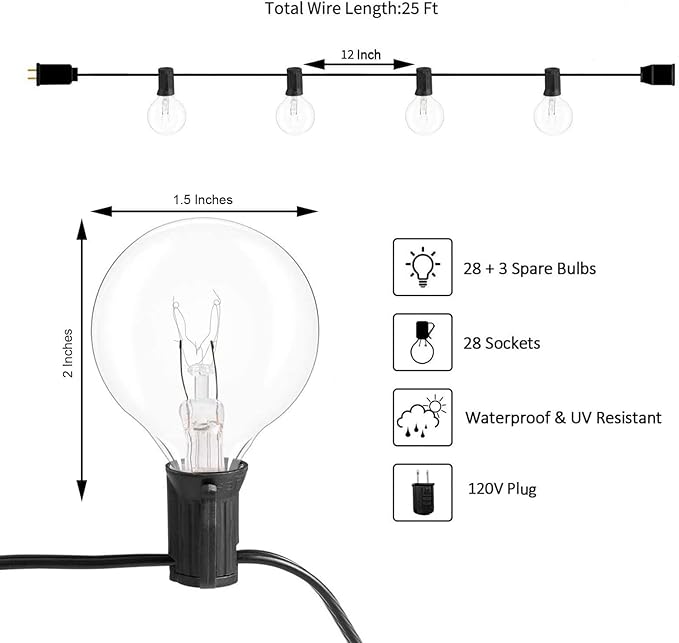 Efavormart 25FT Waterproof Connectable Hanging Outdoor/Indoor Patio String Lights with 28 Incandescent Warm White G40 Light Bulbs for Terrace, Garden, City Roof, Market, Cafe, Wedding, Birthday, Par