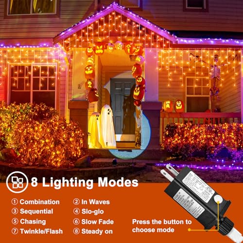 Orange Lights for Halloween, 33ft 400 LED Icicle Lights for Outside Indoor Twinkle Lights with Connectable Clear Wire 8 Modes Timer Waterproof for House Party Tree Holiday Yard Decorations