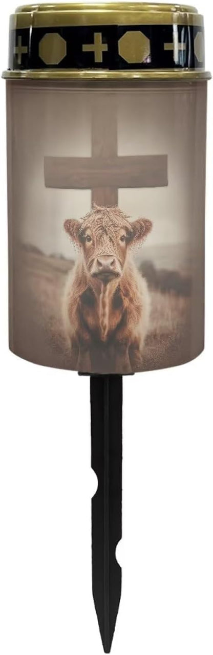 Cute Highland Cow Cross Lights for Grave Lamp Waterproof Cemetery Solar Lights for Grave Patio Yard Decoration