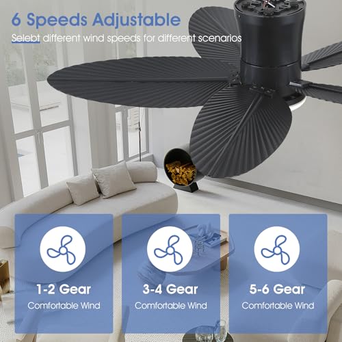 Surtime Palm Leaf Ceiling Fans with Lights-42 Tropical Ceiling Fan with Light and Remote/APP Control,Flush Mount Low Profile Black Ceiling Fans for Bedroom,Indoor/Outdoor Patio Use