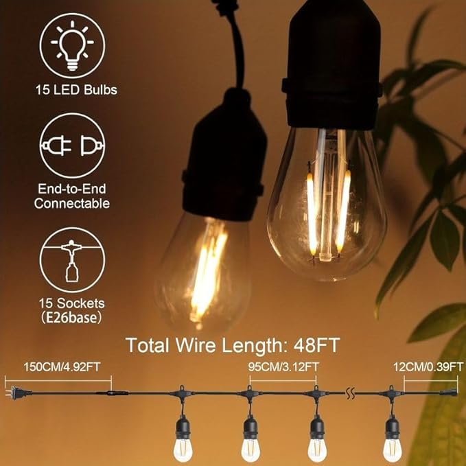 48FT Outdoor LED String Lights Commercial Grade Weatherproof Strand for Patio Garden Porch Backyard Party Lights (48FT 15 Lights)
