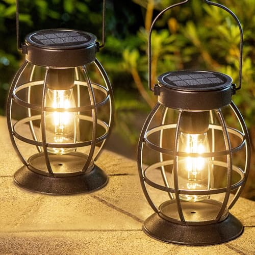 LeiDrail Solar Lanterns Outdoor, Hanging Metal Lights, Dual LED, 2 Pack