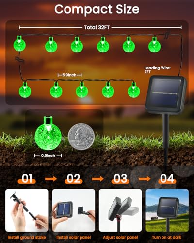 2 Pack 64FT 100 LED Crystal Globe Solar Christmas Lights, Green