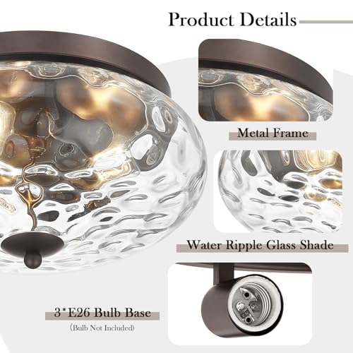 Darkaway Oil-Rubbed Bronze Ceiling Light Fixtures, 3-Light Flush Mount Ceiling Light with Water Ripple Glass Shade for Indoor Outdoor Hallway Kitchen Bedroom Porch Schoolhouse