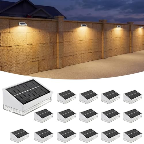 Solar Fence Lights 16 Pack, Outdoor Solar Lights with 3 Color Temperatures, IP65 Waterproof Wide-Angle LED Lighting for Fence, Patio, Yard, Deck, Wall, Garden (White)