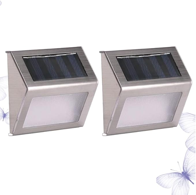 2pcs Solar Powered 3-LED Stair Lights Outdoor Waterproof Stainless Steel Wall Lamp for Fence Patio Steps, White Light, Solar LED Step Lighting for Garden Pathway