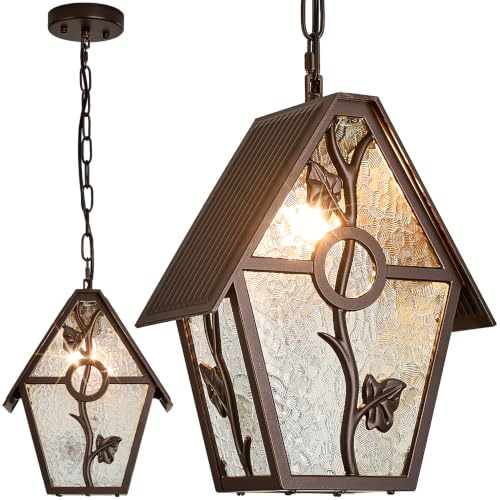 Outdoor Pendant Light Fixture for Front Porch, Farmhouse Exterior Hanging Lamp with Adjustable Chain, Waterproof Oil Rubbed Brown Outside Ceiling Mount Lamp for House, Foyer