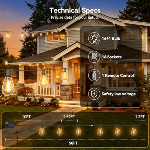 50FT Outdoor String Lights with Remote, Waterproof Patio Lights with 18+1 Shatterproof LED Bulbs,Dimmable Hanging Decor for Backyard Garden Porch Bistro, Timer & 3 Modes,2700K Warm White