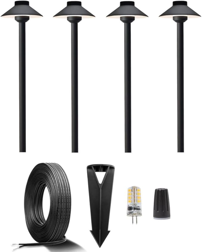 Gardenreet 12V Brass Landscape Black Path Lighting Kit (4 Pack Path Lights) with 100 Feet Cable and 20Pack Wire | Lumora