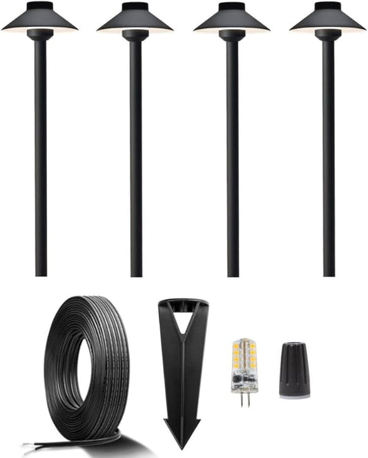 Gardenreet 12V Brass Landscape Black Path Lighting Kit (4 Pack Path Lights) with 100 Feet Cable and 20Pack Wire Connectors for Outdoor House Garden Patio Walkway Without Low Voltage Transformer