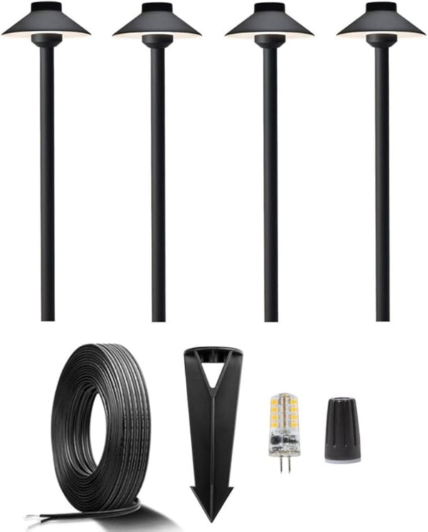 Gardenreet 12V Brass Landscape Black Path Lighting Kit (4 Pack Path Lights) with 100 Feet Cable and 20Pack Wire | Lumora