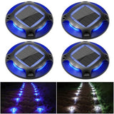 VOLISUN Solar Driveway Lights Dock Marine Lights 4 Pack,2 Colors in 1,Outdoor LED Deck Lights,Solar Powered Waterproof Warning Step Lights for Driveway Sidewalk Pathway (Blue/White)
