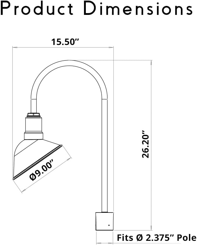 Steel Lighting Co. Venice Light | Outdoor Pole Top Mounted | 9 inch Dome | Upslope Gooseneck with Slip Fitter for 2-3/8" Standard Poles | Made in America | Matte Black Exterior/White Interior