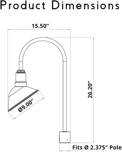 Steel Lighting Co. Venice Light | Outdoor Pole Top Mounted | 9 inch Dome | Upslope Gooseneck with Slip Fitter for 2-3/8" Standard Poles | Made in America | Matte Black Exterior/Brass Interior