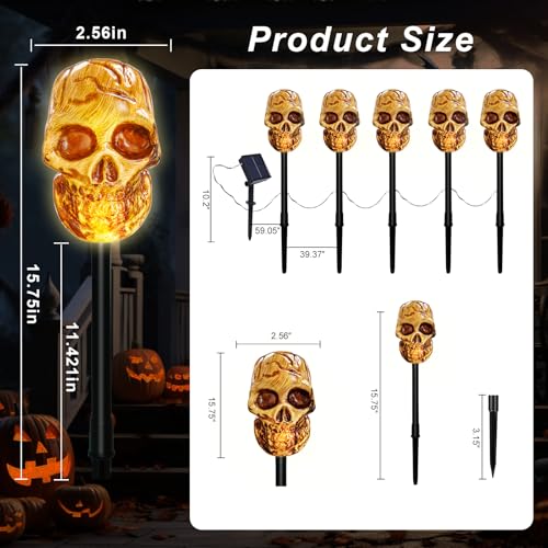 BRIGHTDECK Halloween Solar Pathway Lights Outdoor, LED Decor, Light Up Solar Stake Lights for Holiday, Halloween, Walkway, Sidewalk (Skull, 10-Pack)