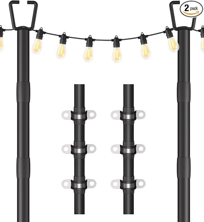 2 Pack 10FT String Light Poles for Outdoor Decor, Sturdy Light Pole with Fence Brackets, Adjustable Metal Posts for | Lumora