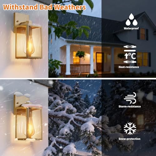 Outdoor Light Fixtures Wall Mount, Waterproof Front Porch Lights, Modern Exterior Lighting Fixtures with E26 Socket, Gold Wall Sconces Lantern Lamp, Outside Lights for House, Garage, Patio (2 Pack）