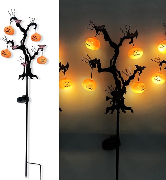 Halloween Solar Pathway Lights Kit - LED Pumpkin Ground Lights with Bat Garden Stakes for Spooky Outdoor Yard Decor, 72cm