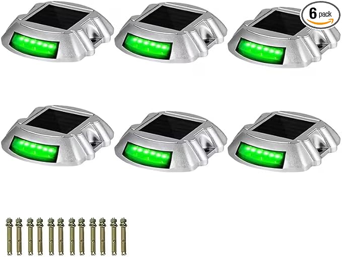 ikaufen Solar Driveway Lights, Solar Deck Lights Outdoor, Waterproof Dock Lights, Bright Blue/Green, 12 LED, with Screw, for Path Warning Garden Walkway Sidewalk Steps (6, Green)