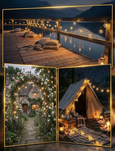 Oviejo 8.5FT LED Patio String Lights, Waterproof Outdoor Lantern String Lights with 12 Bulbs, Beaded Copper Wire Ball Style, Connectable Yard Garden Bistro Party Lights, Warm White