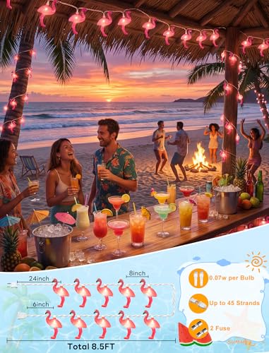 Oviejo 8.5Ft Pink Flamingo Outdoor String Lights Summer Patio String Lights with 10 Mini Flamingo Lights, for Birthday Party Fiesta Decoration,Summer Decor,White Wire