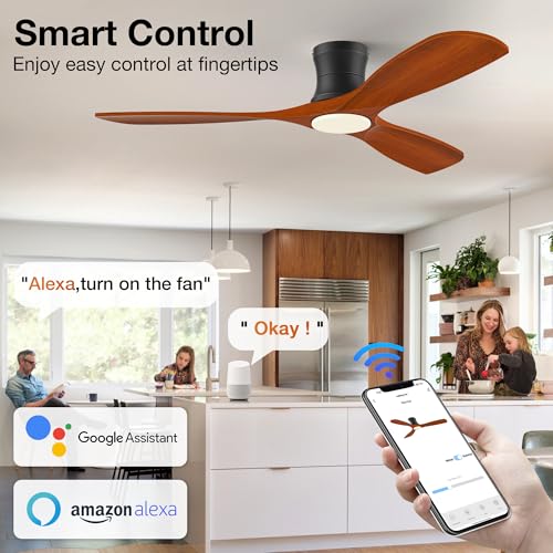 52" Low Profile Smart Ceiling Fans with Light Remote,Flush Mount,Wood,Quiet