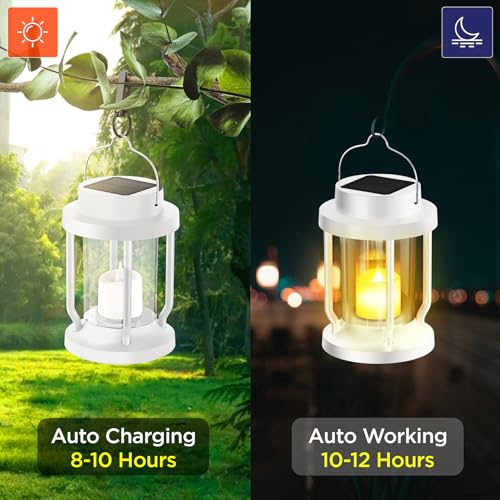 Solar Lantern Outdoor & Indoor Use – Hanging Solar Lights with Realistic Flickering Flameless Candle, Weatherproof for Gardens, Patios, Trees, and Lawns (White, 8 Pack)
