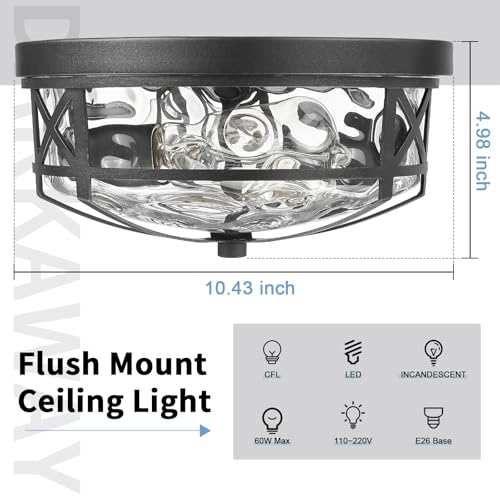 Darkaway Flush Mount Ceiling Light Indoor Outdoor Ceiling Light Fixtures with Water Ripple Glass Shade,Modern AluminumCeiling Fxiture for Laundry Kitchen Bedroom Bathroom Porch Living Room
