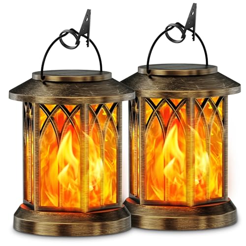 KOOPER 2 Pack Solar Lanterns Outdoor Waterproof, Upgraded Flickering Flame Solar Lantern Lights, Auto On/Off Lanterns Decorative Outdoor, Outdoor Hanging Lantern for Yard Garden Table Decor (Bronze )