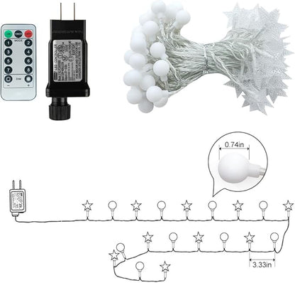 50 Stars & 50 Globes String Lights for Wedding, Party, Holiday Decor - 100 LED, 49.2ft, Remote Control, 8 Modes, IP44 Waterproof, Linkable Plug in Lights for Indoor Outdoor, Backyard, Celebration